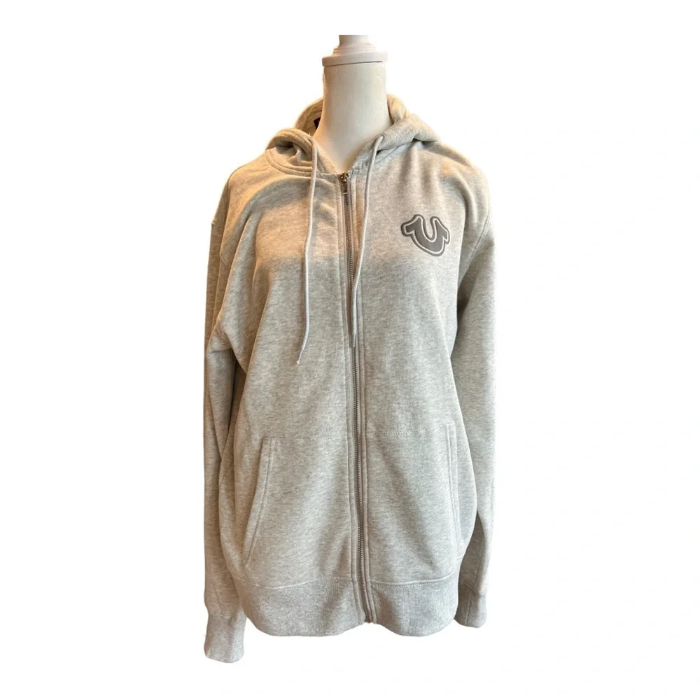 MEN TRUE RELIGION Logo Core ZIP UP OATMEAL Heather Fleece Hooded size large
